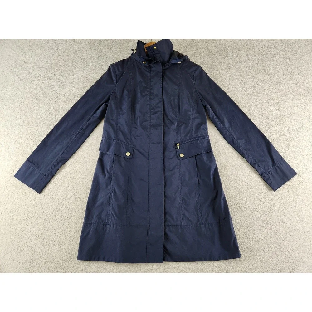 Cole Haan Signature Women's Small Navy Hooded Rain Coat Drawstring Hood